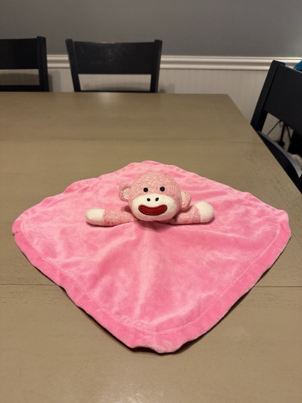 Magic Years Pink Sock Monkey Rattle Security Blanket/Lovey Satin Back 2011